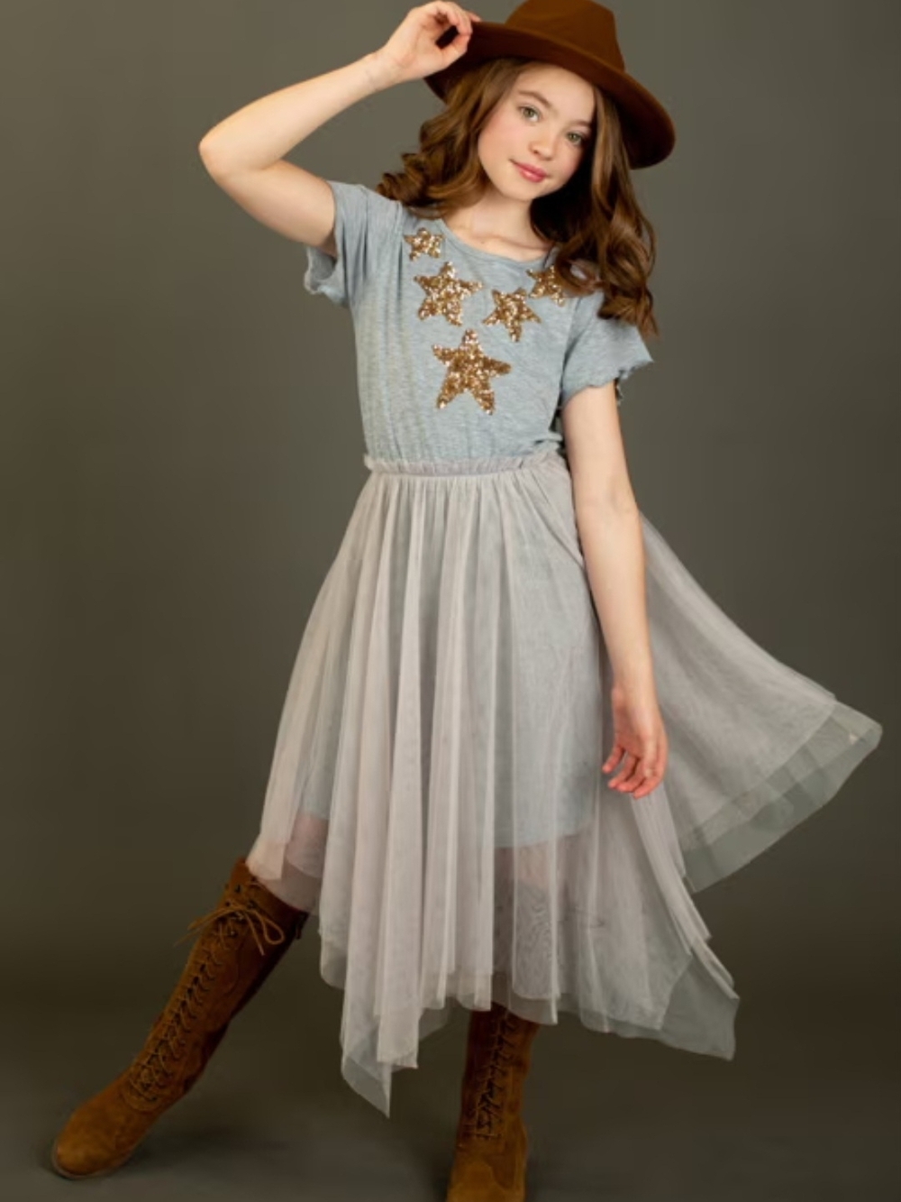 Mia Joy Feya Dress Girls Size 10 Heather Gray Gold Star Tulle Skirt NWT Boutique